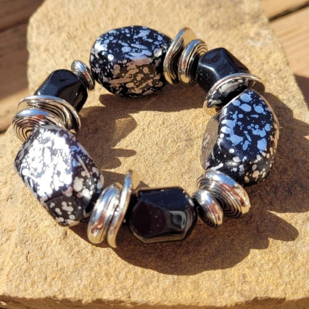 NWT Chunky Black Snowflake Obsidian Bracelet